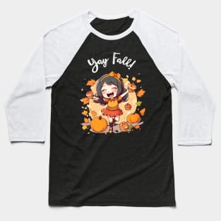 Fall for Our Adorable Chibi Art - Cute and Cozy Autumn Vibes, Yay FALL (White Letters) Baseball T-Shirt